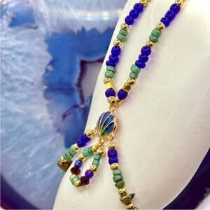 Blue and Green Beaded Necklace with Gold Accents